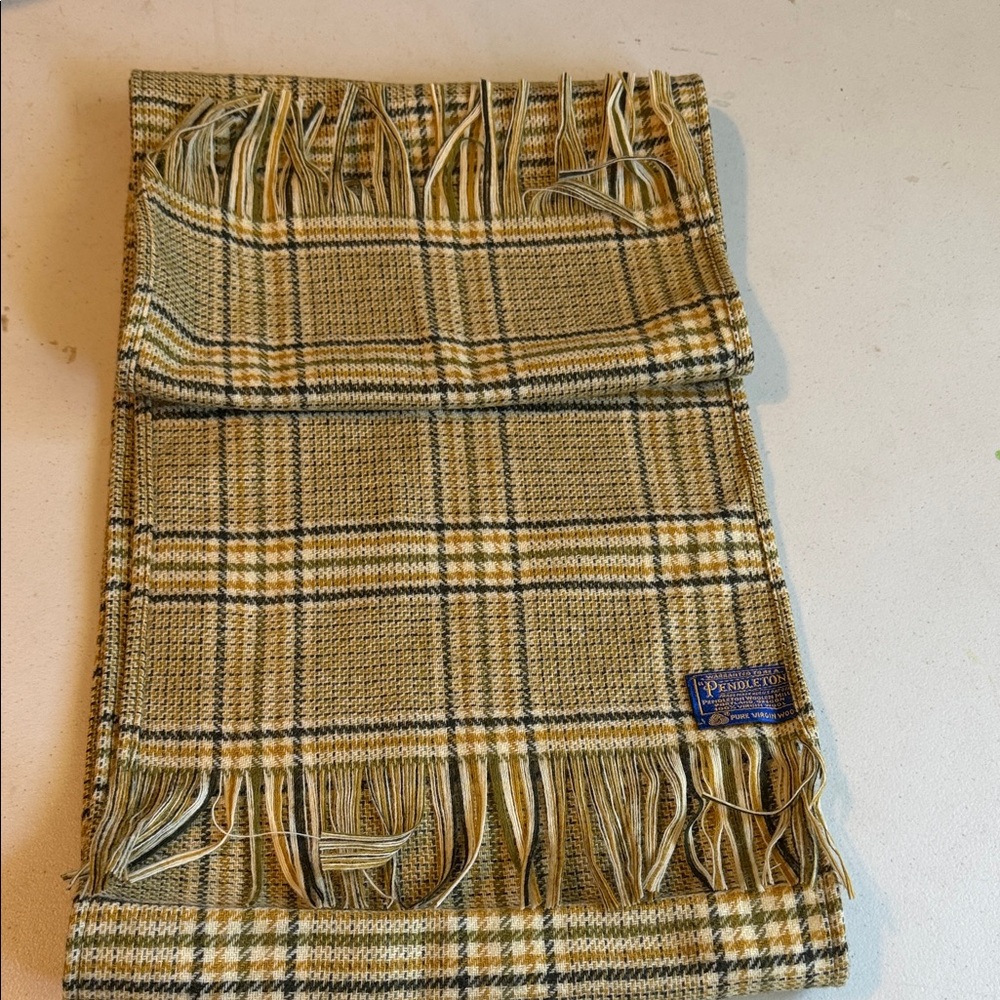 Pendleton Plaid Wool Fringe Scarf in Mustard, Cream and Dark Green